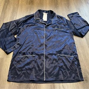 Lonxu Classic Silk Pajama Shirt pockets Jacket Sleepwear Blue White Piping Sz L